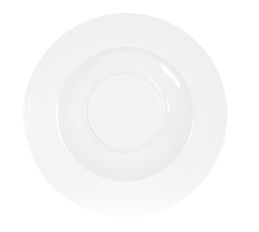 A plain, round, white rimmed bowl with a shallow center and glossy, reflective surface is viewed from above against a white background. The empty 24 oz bowl features a wide rim that adds to its classic ceramic appeal.