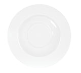 A plain, round, white rimmed bowl with a shallow center and glossy, reflective surface is viewed from above against a white background. The empty 24 oz bowl features a wide rim that adds to its classic ceramic appeal.