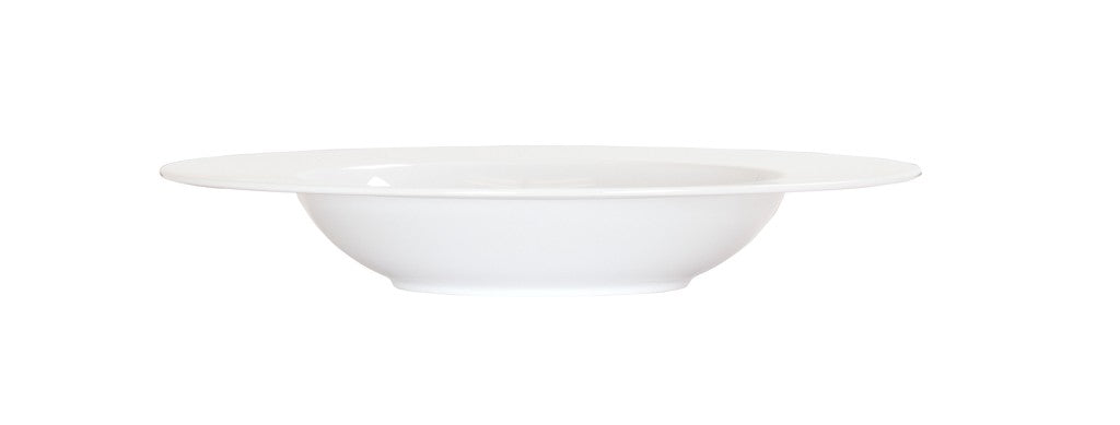 A white rimmed bowl, shallow and round, with a wide rim and clean lines. This 24 oz bowl has a smooth ceramic surface and is viewed from the side against a plain white background, showcasing its simple and unadorned design.