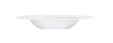 A white rimmed bowl, shallow and round, with a wide rim and clean lines. This 24 oz bowl has a smooth ceramic surface and is viewed from the side against a plain white background, showcasing its simple and unadorned design.