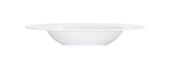 A white rimmed bowl, shallow and round, with a wide rim and clean lines. This 24 oz bowl has a smooth ceramic surface and is viewed from the side against a plain white background, showcasing its simple and unadorned design.