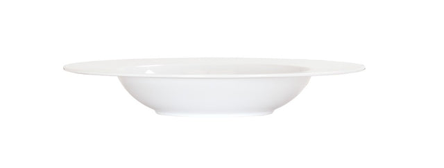 A white rimmed bowl, shallow and round, with a wide rim and clean lines. This 24 oz bowl has a smooth ceramic surface and is viewed from the side against a plain white background, showcasing its simple and unadorned design.