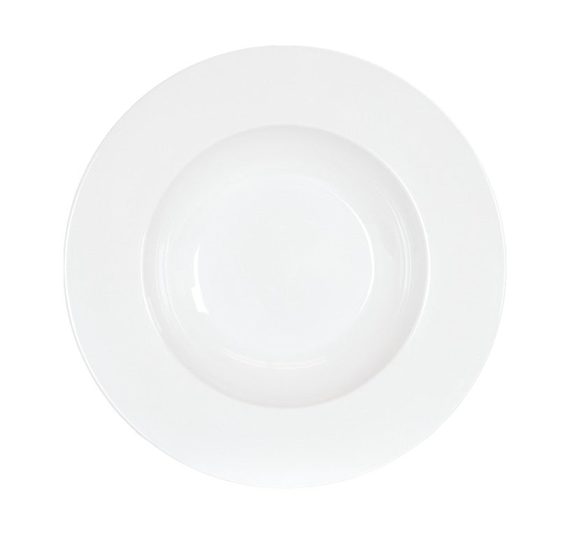 A plain, round white melamine bowl is photographed from above against a white background. The bowl is empty with a wide rim surrounding a shallow center. The overall design is simple and unadorned.