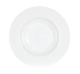 A plain, round white melamine bowl is photographed from above against a white background. The bowl is empty with a wide rim surrounding a shallow center. The overall design is simple and unadorned.