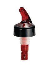 A red and black 1 oz. pourer with a spout, ribbed translucent white silicone stopper, and a measured pour mechanism for precise dispensing. The Proper Pour spout curves slightly upward. From TableCraft Products; background is plain white.