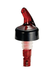 A red and black 1 oz. pourer with a spout, ribbed translucent white silicone stopper, and a measured pour mechanism for precise dispensing. The Proper Pour spout curves slightly upward. From TableCraft Products; background is plain white.