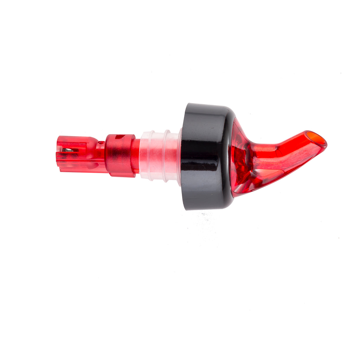 A close-up of a red and black Proper Pour 1 oz. bottle pour spout, used for controlling liquid flow from bottles. The spout has a curved red tip, transparent ridged neck, and black cap section. The background is plain white.