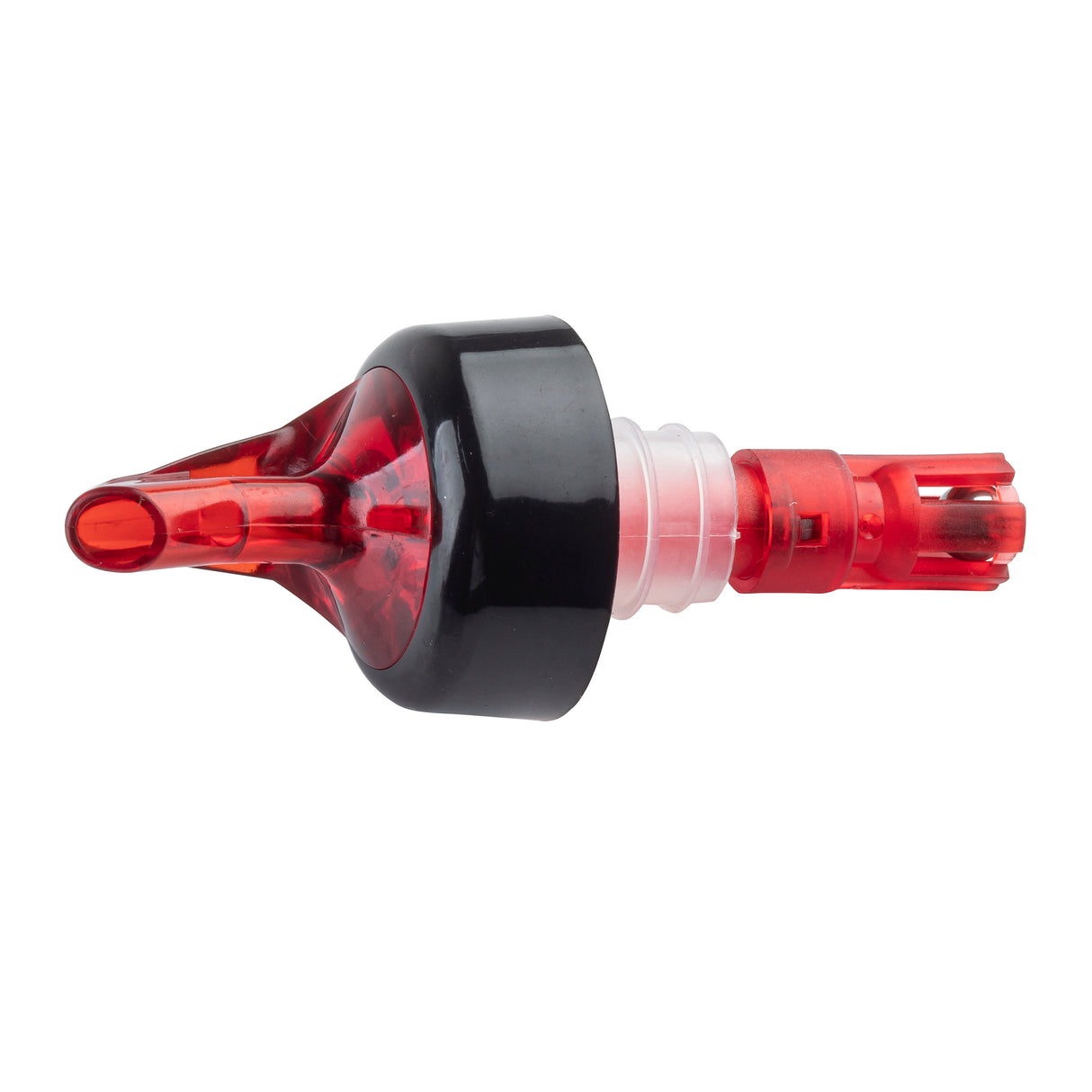A red plastic 1 oz. pourer with a black collar, transparent midsection, and a spout designed for controlled pouring, shown on a white background—ideal for precise servings with Proper Pour from TableCraft Products.