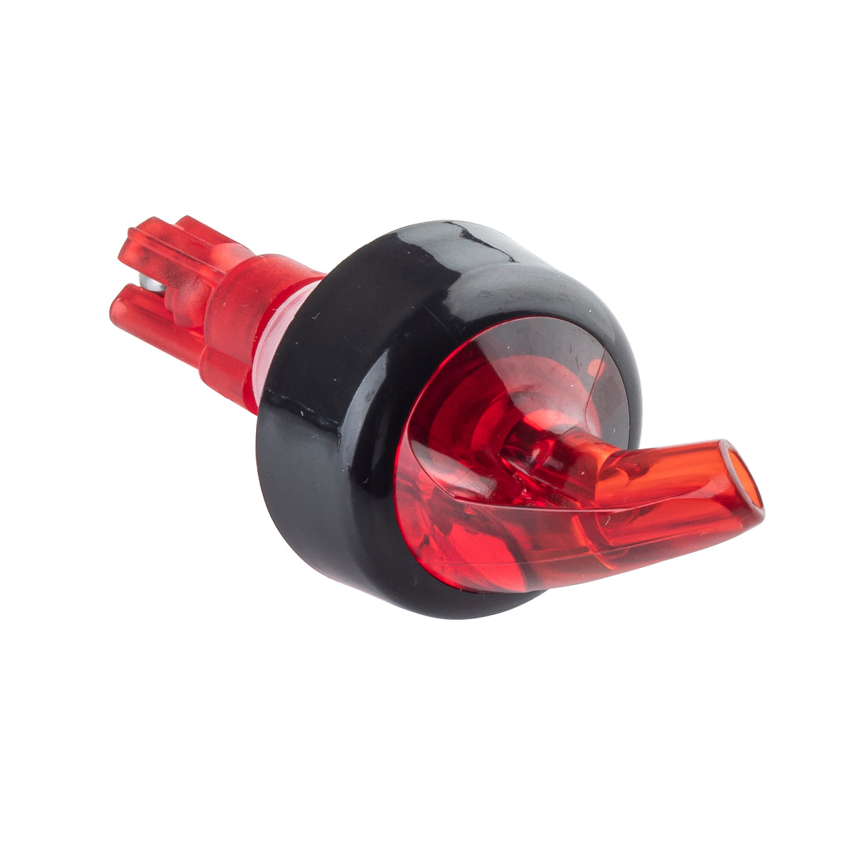 A red and black plastic TableCraft Products 1 oz. pourer features a curved spout tip for controlled pouring from bottles. Photographed on a white background, it’s angled to show both the spout and the cylindrical base seal.