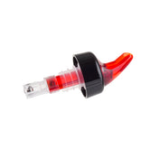 A BPA free Proper Pour plastic liquor bottle pourer with a clear spout, red-tinted nozzle, and black collar. Photographed on a white background, this angled 1-1/4 oz. pourer is designed to control liquid flow when pouring drinks.