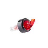 A red and black plastic Proper Pour bottle pourer with a clear spout. BPA free and designed to regulate liquid flow, this 1-1/4 oz. pourer is ideal for liquor bottles in bars. Photographed against a plain white background.