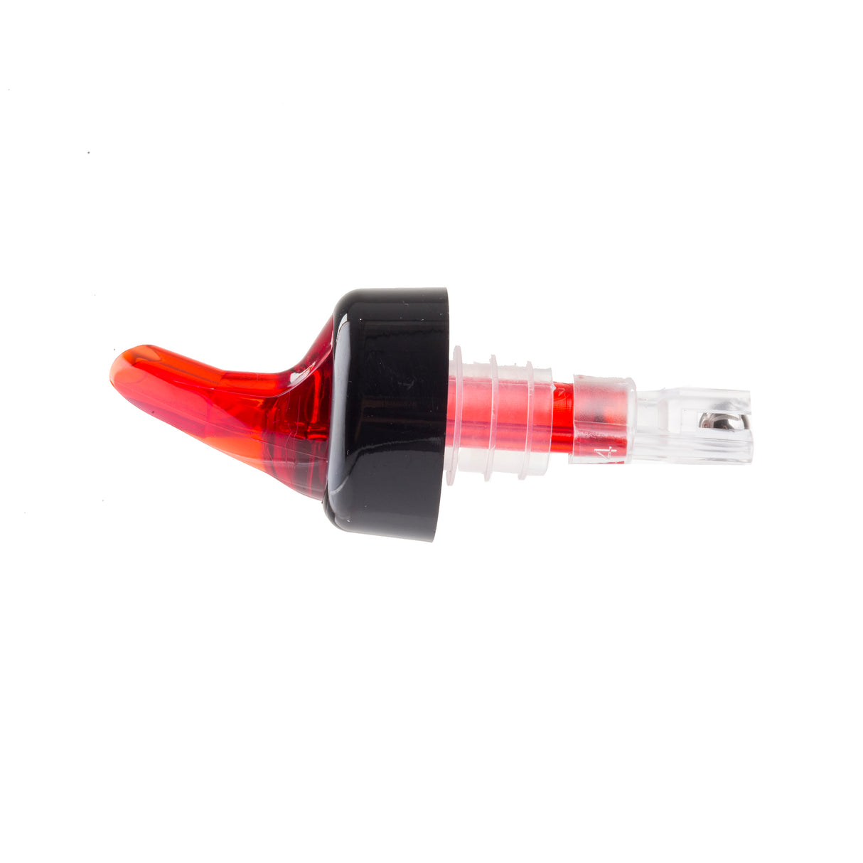 A close-up of a red and clear plastic Proper Pour bottle pour spout with a black collar, isolated on a white background. This BPA free, angled spout is designed for controlled pouring of liquids such as wine or spirits.