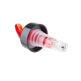 A clear plastic Proper Pour 1-1/4 oz. pourer with a black collar and red vent tube, BPA free, is shown isolated on a white background for controlled spirit pouring from bottles.
