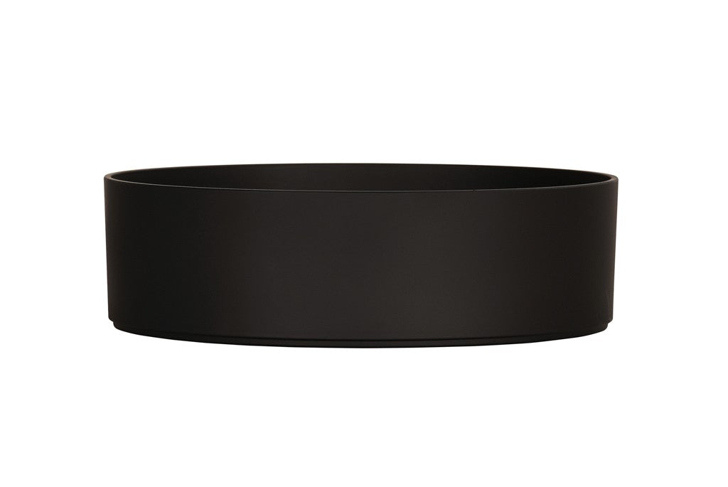 A matte black, shallow Hudson Bowl with smooth sides and no visible handles or decorations, photographed against a white background. This modern, minimalist melamine bowl is dishwasher safe.