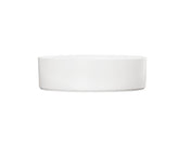 A simple, round Hudson Bowl with straight sides is centered on a plain white background. This minimalistic, white ceramic bowl has no visible decorations or handles and is dishwasher safe for easy cleaning.