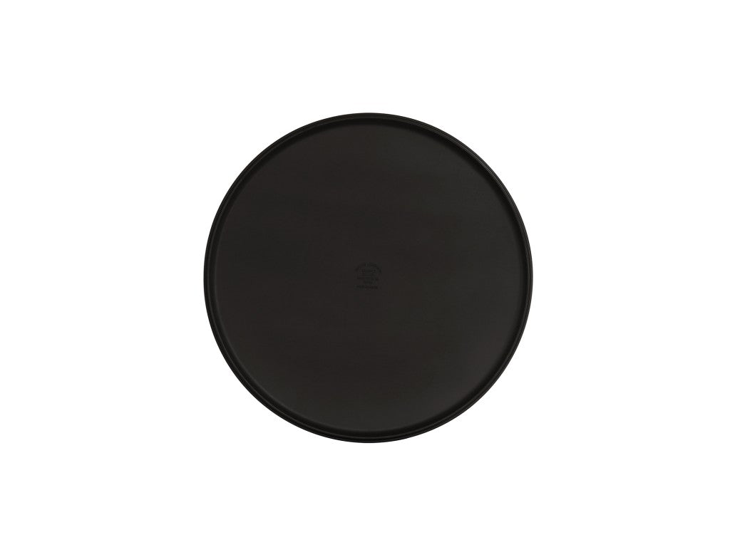 A black, round Hudson Bowl serving tray with a smooth, matte finish. The tray is empty and centered on a plain white background, featuring a subtle logo embossed at the center. This melamine bowl is also dishwasher safe for easy cleaning.