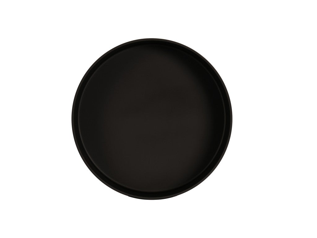 A plain, round, black Hudson Bowl tray viewed from above, centered on a white background. The tray has smooth edges and an even, matte finish with no visible texture, and as a melamine bowl, it's also dishwasher safe.