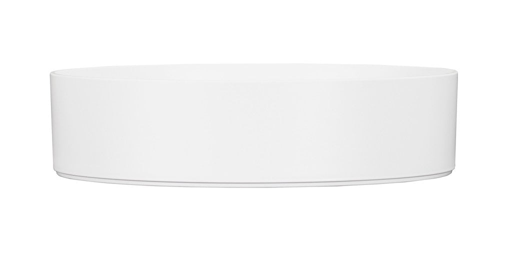 A photo of a simple, modern, white, round vessel sink with smooth sides and a flat base. The minimalistic design is reminiscent of a Hudson Bowl, set against a plain white background with no visible hardware or decoration.