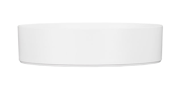 A photo of a simple, modern, white, round vessel sink with smooth sides and a flat base. The minimalistic design is reminiscent of a Hudson Bowl, set against a plain white background with no visible hardware or decoration.
