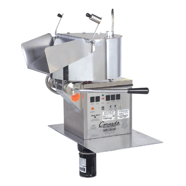 A commercial churro making machine with a stainless steel body, control panel, dough hopper on top, side crank handle, dispensing chute, and cylindrical motor below. Like the Gold Medal Products Coronado Popping Unit popcorn machine, it's built for efficiency and durability.