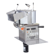 The Cornado Popping Unit is a commercial popcorn machine with a stainless steel finish, electronic heat control, black lever, rotating kettle, and chute for popped popcorn. Its countertop design features labeled buttons and warning labels for safe operation.
