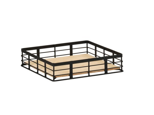 A square tray with a black Madison metal wire frame and a light-colored wooden base. The open-frame, reversible design gives it a modern, minimalist look. The tray is empty and positioned on a plain white background.
