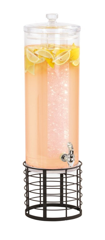 A tall, clear Cal-Mil beverage dispenser filled with light pink lemonade and lemon slices sits on a black wire stand. This 3-gallon dispenser features a silver spigot, clear lid, and condensation on the glass against a white background.