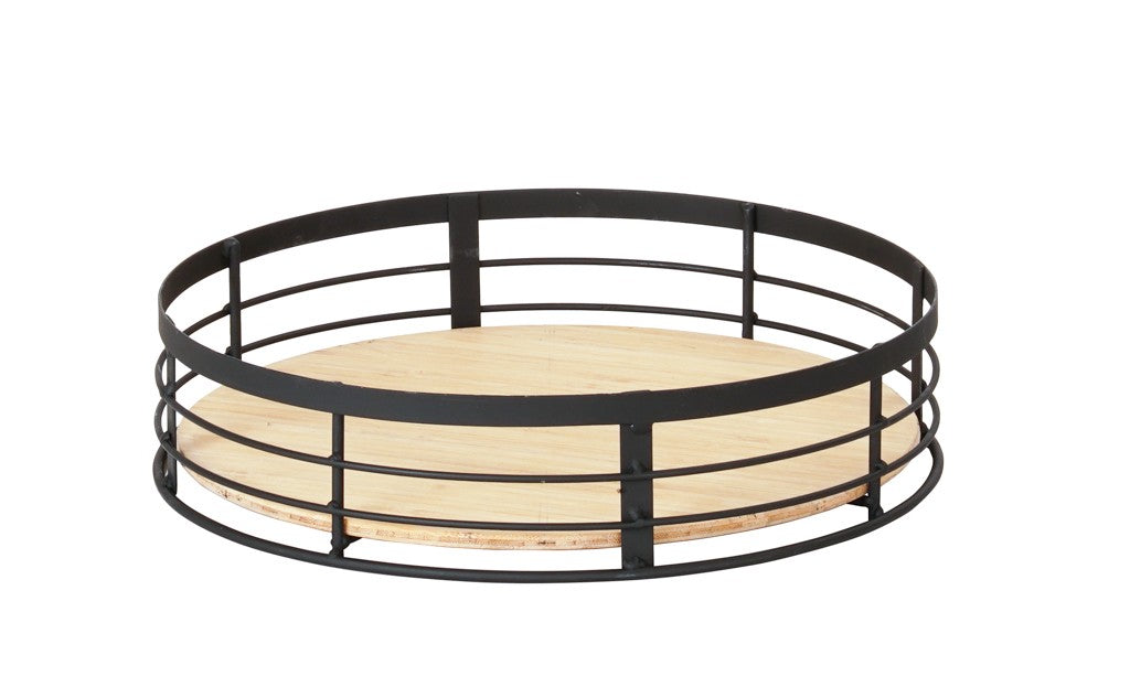 A round Madison tray with a light wood base and black metal open-frame rim, featuring three horizontal bars. The modern, minimal riser design highlights the contrast between natural wood and dark metal, set against a white background.