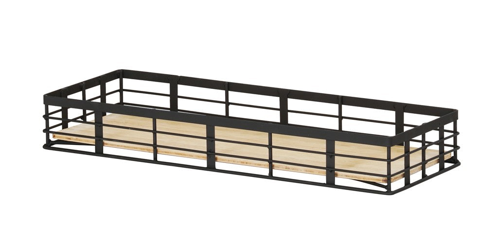 A rectangular Madison metal wire basket with black sides and an open grid pattern, featuring a flat, light-colored wooden base. The basket has no handles and is empty, set against a plain white background. Its reversible design adds versatile appeal.