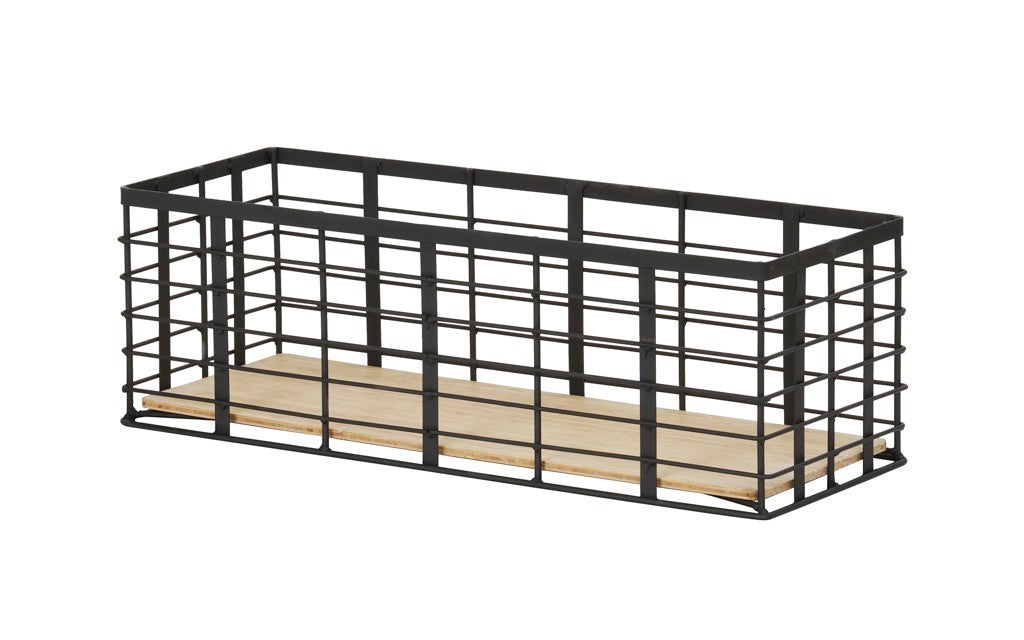 Rectangular wire storage basket with a black metal grid frame and open top. The basket features a flat, light wood base and reversible design, offering a sturdy, simple, and industrial look—ideal for organizing or decorative use.