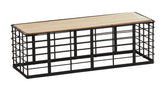A rectangular bench with a metal black grid frame and flat wooden top features a reversible design. The industrial style, open sides, and minimalist look make it sturdy and practical for seating or storage in modern interiors.