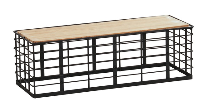 A rectangular bench with a metal black grid frame and flat wooden top features a reversible design. The industrial style, open sides, and minimalist look make it sturdy and practical for seating or storage in modern interiors.