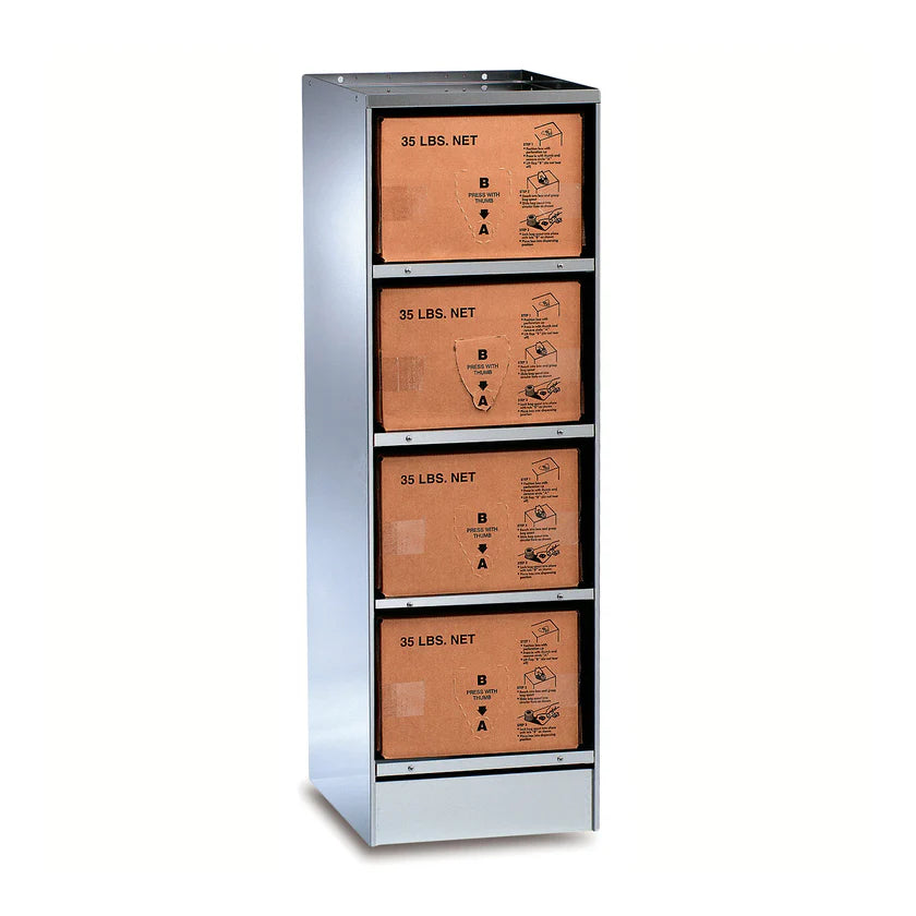 A tall stainless steel storage cabinet with five compartments, each holding a Gold Medal Products “35 LBS. NET.” box featuring graphics and instructions. The cabinet has a simple, industrial design ideal for Bag-In-A-Box Pre-Heater systems.