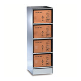 A tall stainless steel storage cabinet with five compartments, each holding a Gold Medal Products “35 LBS. NET.” box featuring graphics and instructions. The cabinet has a simple, industrial design ideal for Bag-In-A-Box Pre-Heater systems.