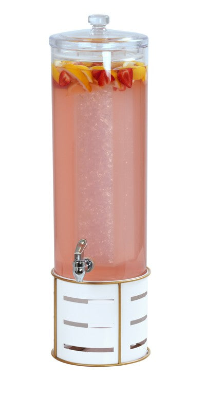 A tall Cal-Mil beverage dispenser with an ice chamber and spigot, filled with pink liquid, strawberry and lemon slices floating on top. It sits on a white slotted stand with a clear lid, perfect for stylish drink service.