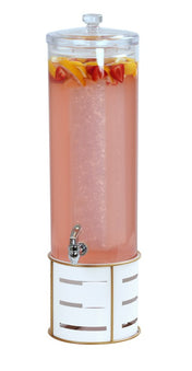 A tall Cal-Mil beverage dispenser with an ice chamber and spigot, filled with pink liquid, strawberry and lemon slices floating on top. It sits on a white slotted stand with a clear lid, perfect for stylish drink service.