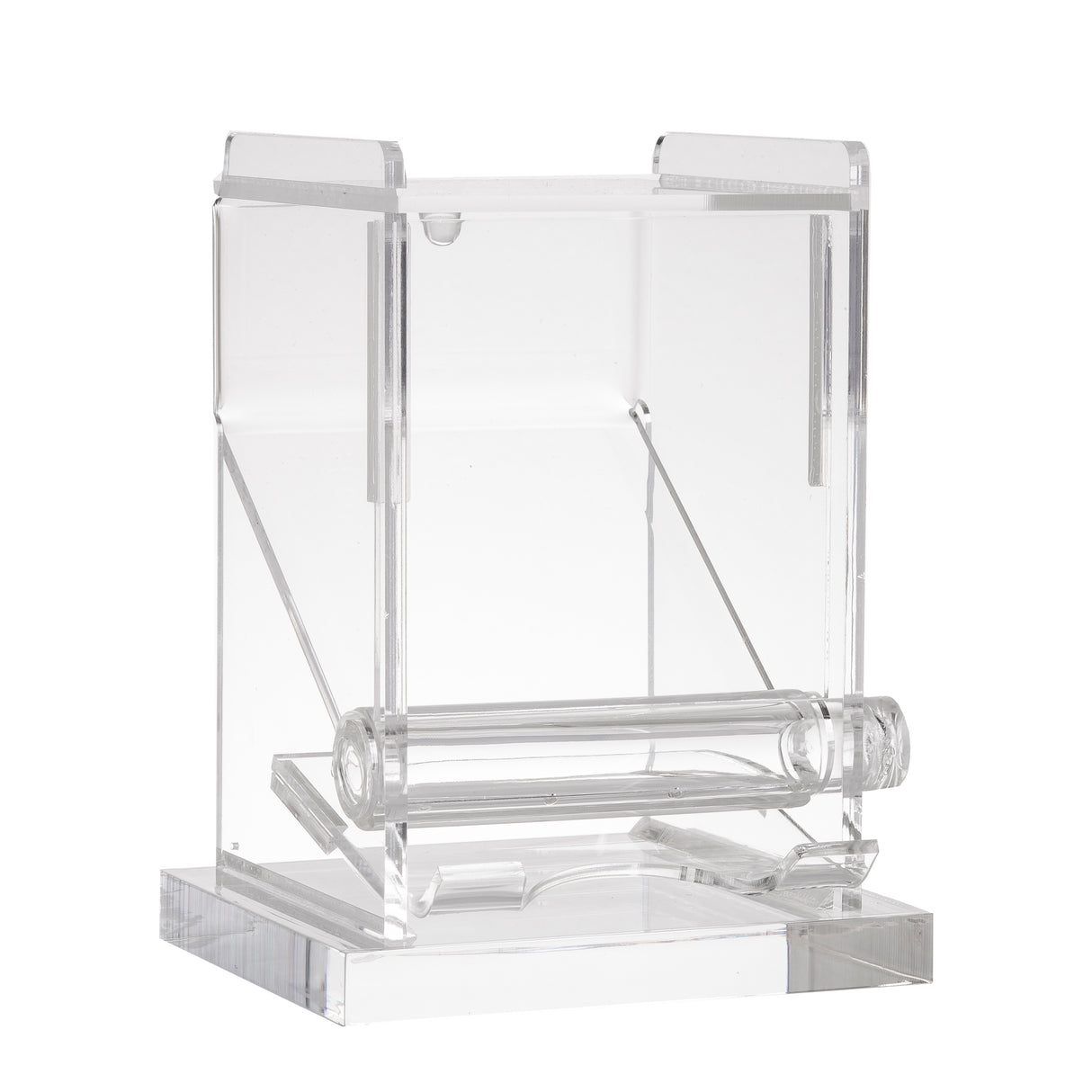 A transparent acrylic ballot box with a hinged lid and a small slot on top, similar in clarity to an acrylic toothpick dispenser. It features a cylindrical bar as a lock or handle, while its upright clear structure stands out against the white background.