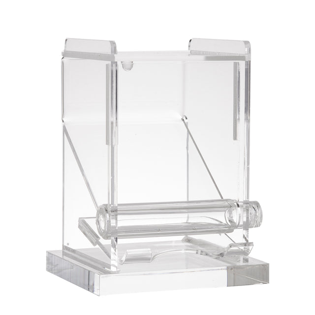 A transparent acrylic ballot box with a hinged lid and a small slot on top, similar in clarity to an acrylic toothpick dispenser. It features a cylindrical bar as a lock or handle, while its upright clear structure stands out against the white background.