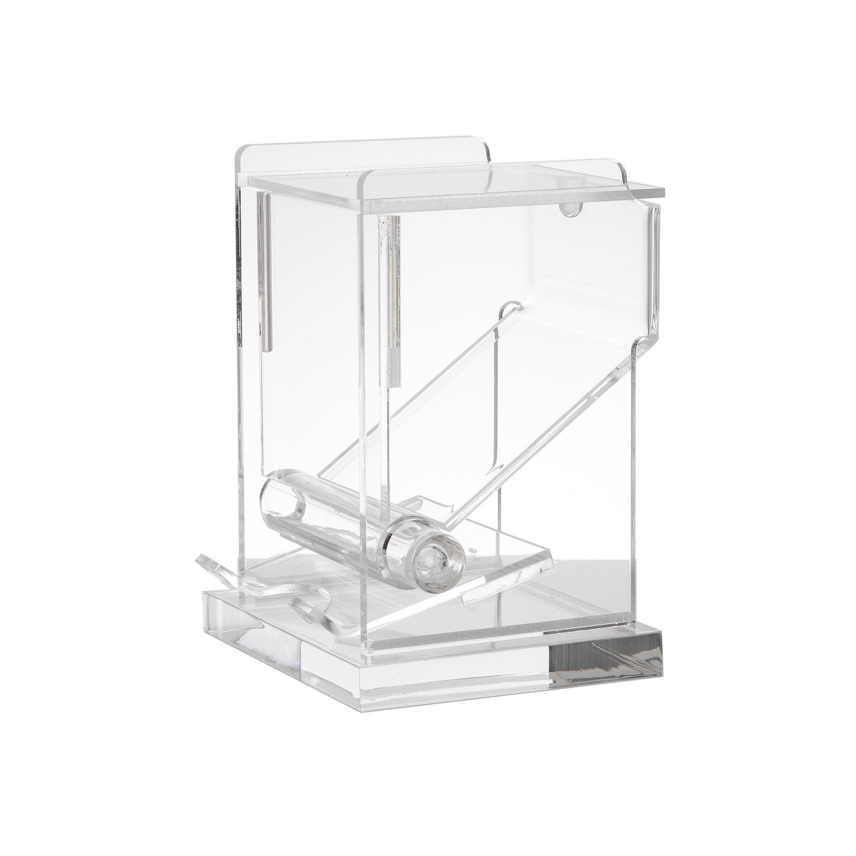 A transparent acrylic desktop tape dispenser with a slanted design, featuring a roll holder and a serrated edge for cutting tape. Its clean, smooth edges and modern, minimalist look make it easy to pair with any acrylic toothpick dispenser.