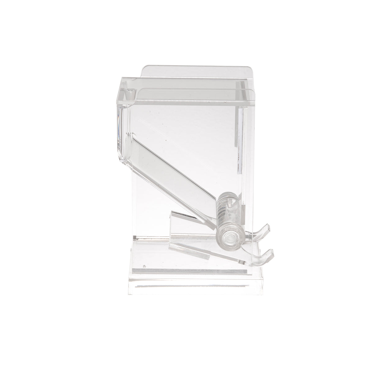 A transparent acrylic dispenser with a slanted lever and cradle at the base, perfect for holding and dispensing small items like sticky notes, cards, or even use as a chic acrylic toothpick dispenser. The clear design keeps contents visible.