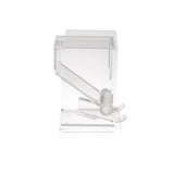 A transparent acrylic dispenser with a slanted lever and cradle at the base, perfect for holding and dispensing small items like sticky notes, cards, or even use as a chic acrylic toothpick dispenser. The clear design keeps contents visible.
