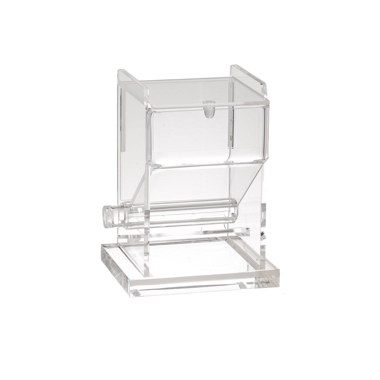A clear acrylic toothpick dispenser with a rectangular shape, open top, and slanted front. It features a cylindrical rod for easy access and a flat, sturdy base. The minimalist, transparent design is both stylish and dishwasher safe.