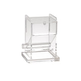 A clear acrylic toothpick dispenser with a rectangular shape, open top, and slanted front. It features a cylindrical rod for easy access and a flat, sturdy base. The minimalist, transparent design is both stylish and dishwasher safe.