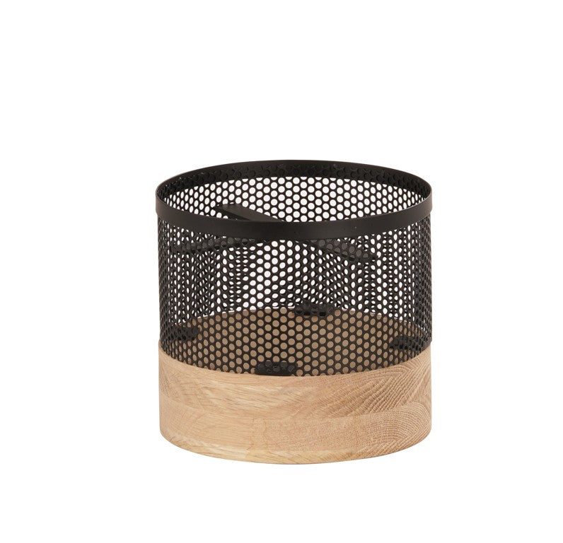 A small cylindrical container with a perforated black metal upper half and smooth light wood lower half, designed as an ice chamber or decorative item. The metal features a mesh pattern, and the base has a natural wood grain appearance.
