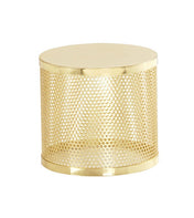 A shiny gold cylindrical metal riser table with a solid top and bottom. Inspired by Monaco style, its sides feature a perforated mesh design with evenly spaced round holes, adding a modern, airy look. The entire table boasts a polished finish.
