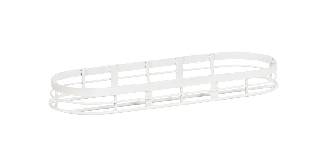 A minimalist, oval-shaped, white stainless steel wire basket with an open grid design and flat base, perfect for a stylish condiment jar display. Vertical supports line the sides. The basket is empty and displayed against a plain white background.