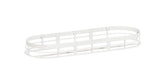 A minimalist, oval-shaped, white stainless steel wire basket with an open grid design and flat base, perfect for a stylish condiment jar display. Vertical supports line the sides. The basket is empty and displayed against a plain white background.