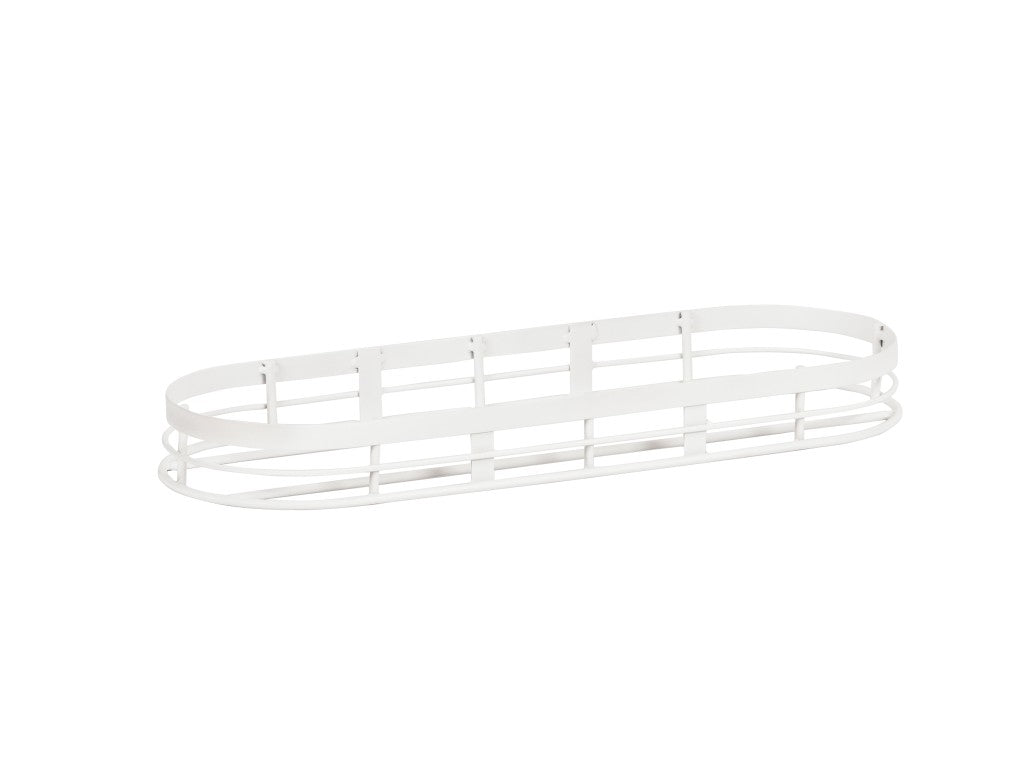 A white, oval-shaped metal wire basket with an open grid design, perfect for a minimalist condiment jar display. Elongated and shallow, it is ideal for organizing glass jars or small items on a plain white background.