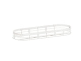 A white, oval-shaped metal wire basket with an open grid design, perfect for a minimalist condiment jar display. Elongated and shallow, it is ideal for organizing glass jars or small items on a plain white background.