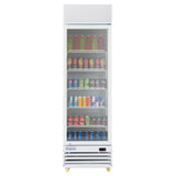 A tall, white Empura EGM-13W commercial refrigerated merchandiser with a glass door displays assorted bottled and canned beverages on several shelves. The brand name “Empura” is visible on the lower front panel.